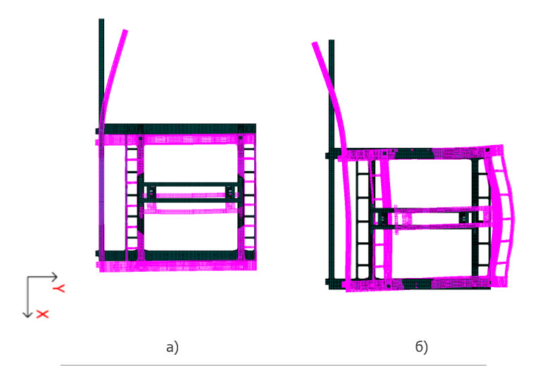 Деформированная схема от сейсмонагрузки Х (а) и  Y (б) при условии - тележка в середине пролета